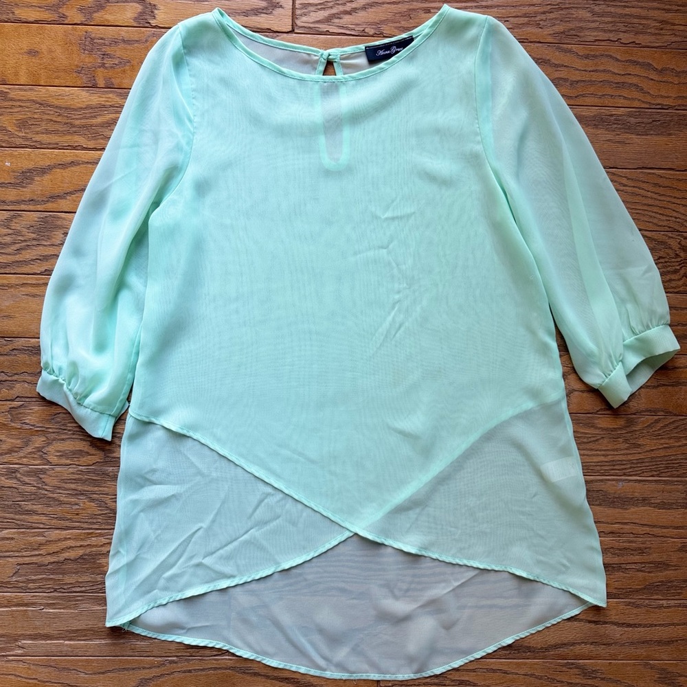 Anna Grace Mint Green Sheer Blouse with Layered Hem - Size L